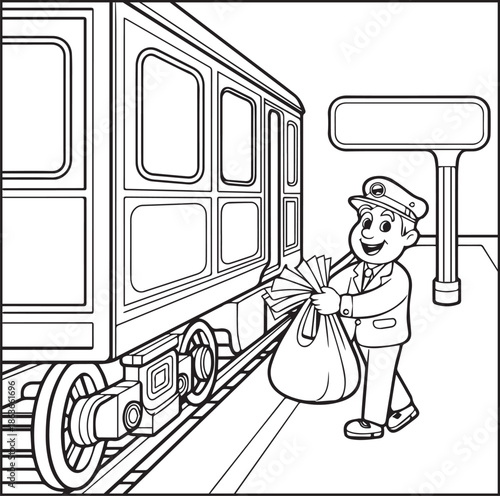 Postman working for delivery letter black line art illustration vector elements for kids coloring page concept