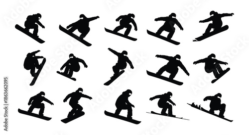 Silhouettes of snowboarders performing various tricks and jumps in a dynamic pattern