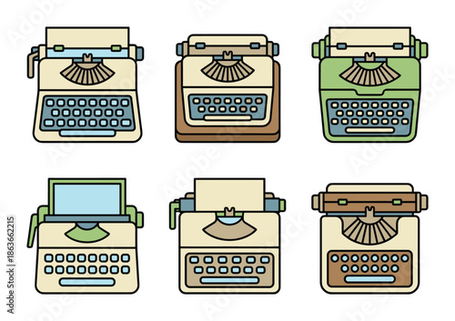 Set of six typewriter icons in different colors. Vector illustration of old fashioned typewriters.