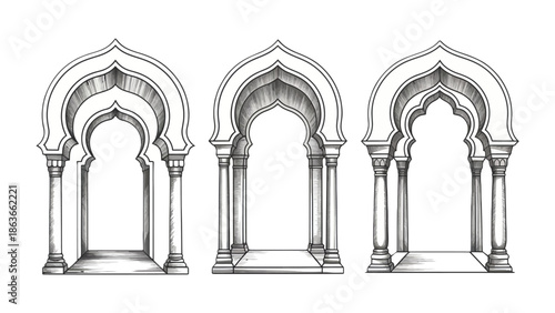 Architectural Elegance: A stylized rendering of three ornate archways, their intricate designs showcasing a blend of architectural styles. evoking history and cultural richness.