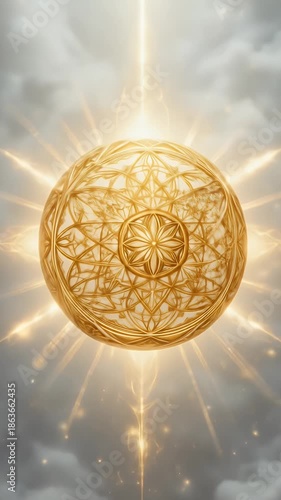 Golden spheres with intricate patterns amidst ethereal clouds and radiant light formations, shining