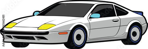 A cartoon illustration of a white sports car with yellow headlights