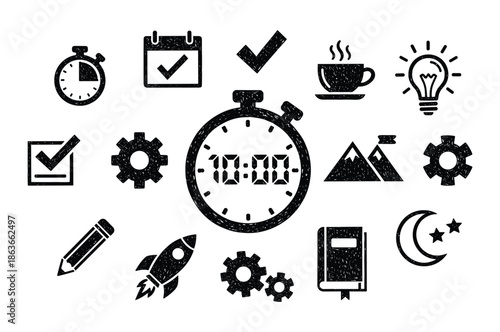 Set of time management icons including digital clock, calendar, coffee cup, lightbulb, mountain, rocket, moon and stars.