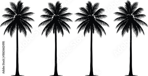 Palm tree silhouette row, tropical nature vector, black beach trees, summer island design, exotic landscape art, minimal illustration, coastal theme