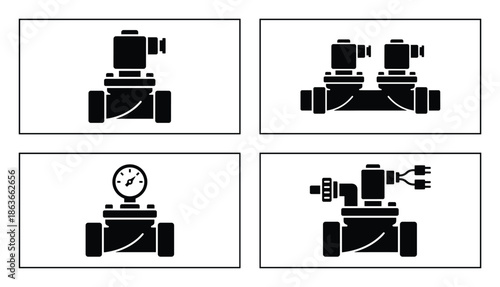 Set of valve, pressure meter and connector diagrams for industrial or technical usage.