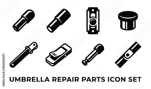 Set of umbrella repair parts icons. Black and white vector illustration of various replacement components.