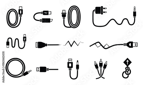 Set of various cable connectors vector design in black and white for electronics and electrical use.