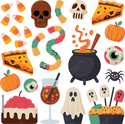 Halloween icons and food items for holiday decoration