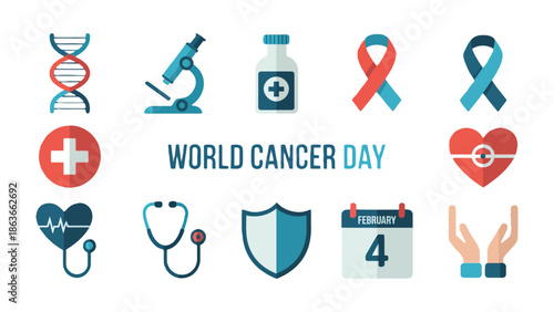 World Cancer Day: Raising awareness for the fight against cancer, this image features symbols representing cancer awareness, research, and support. A call to action for education, prevention.