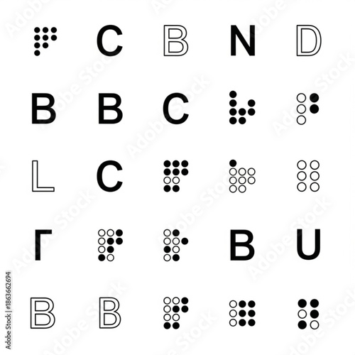 Braille alphabet letters and symbols tactile writing system for visually impaired flat vector icons on white background