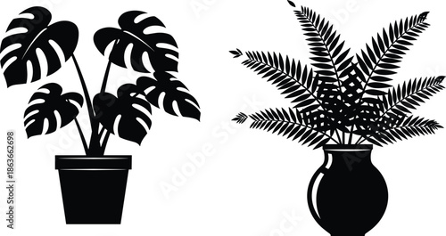 Potted plant silhouette vector set, black and white illustration, Monstera and fern leaves, indoor greenery, decorative houseplants, botanical graphic icons