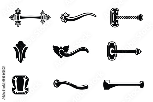 Set of various decorative black door handles silhouettes. Handles, vintage, ornate, and stylish collections.