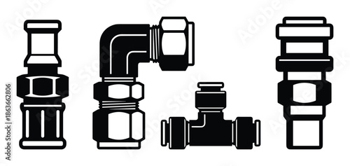 Set of vector art of pipes and fittings featuring plumbing connectors, elbow, and tee joints, detailed isolated designs.