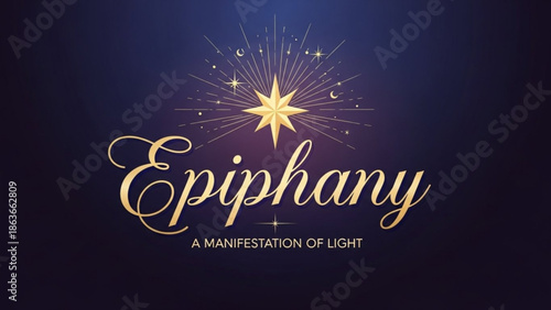 Golden Epiphany star with radiating light and text a manifestation of light concept for religious or celebratory themes dark blue background