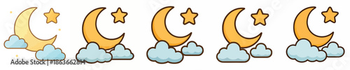 Crescent Moon, Clouds and Stars Flat Cartoon Illustration