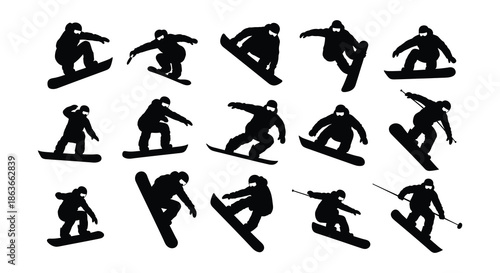Silhouettes of snowboarders performing various tricks and jumps in a dynamic pattern