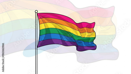 Rainbow pride flag waving on flagpole symbol of LGBTQ community and diversity isolated on white background with soft overlay