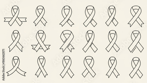 Set of ribbon icons simple line art design for awareness campaigns and support symbols isolated on beige background