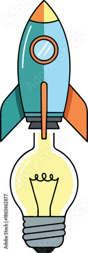 Rocket Launching from a Light Bulb Creative Idea and Innovation Concept.