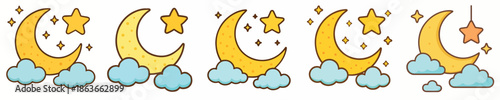Crescent Moon, Clouds and Stars Flat Cartoon Illustration