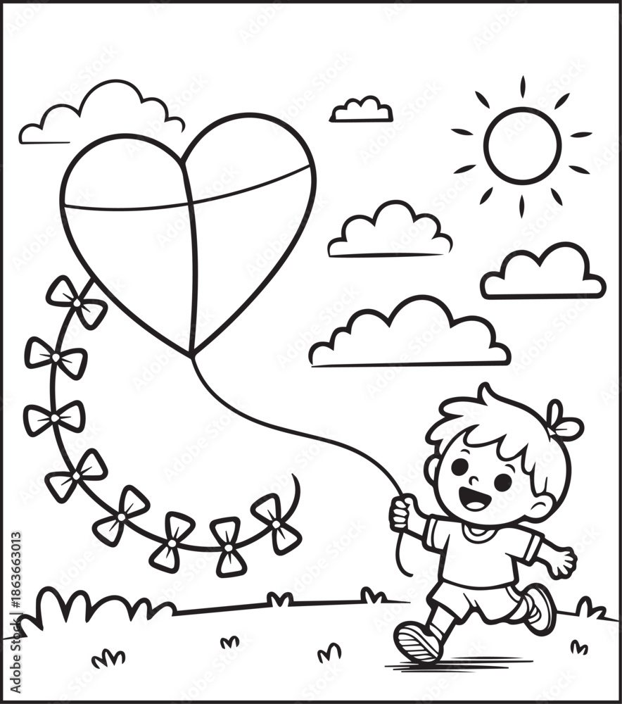 Fototapeta premium Valentine day coloring page with hand drawn doodles decoration cute boy flying heart shape kite in sky black outline vector illustration for holiday book design, activities and gift