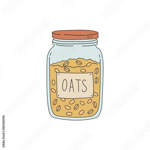 Glass jar with oatmeal and oats label. Healthy food storage and eco-friendly lifestyle vector illustration