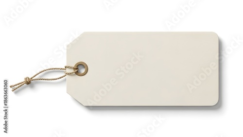 A key with a blank brown cardboard label and hanging string rope sits as an empty price tag for a retail business sale or gift message note
