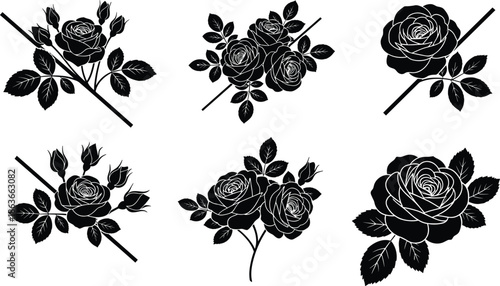Rose arrangement silhouette vector set, black floral illustration, blooming roses, rosebuds and leaves, decorative botanical elements, elegant flower graphics, tattoo icons