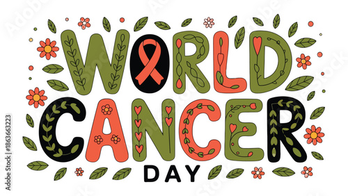 World Cancer Day: A vibrant, artful declaration of World Cancer Day, featuring an evocative orange ribbon within an intricate design.  This image symbolizes solidarity, awareness.