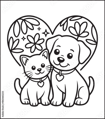 Valentine day coloring page with hand drawn doodles decoration cute cat and dog sitting together and heart shape behind black outline vector illustration for holiday book design, activities and gift
