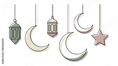 Moon and Star Ornament Illustration: Delicate celestial elements - moon and star adornments and a charming lantern, creating a sense of serenity and celebration.