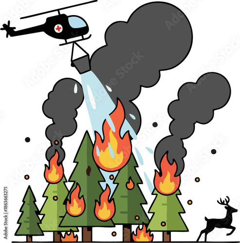 Helicopter dropping water on forest wildfire with fleeing deer.