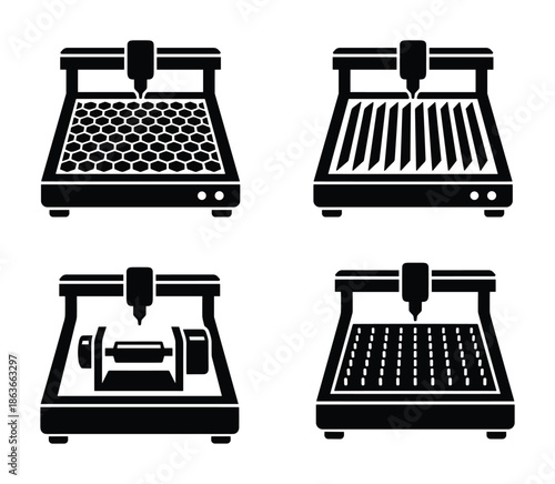 Set of 3D printer icons. Depicts various platform types and print bed styles. 3d print technology symbols.