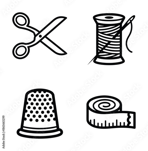 Sewing icons set featuring scissors, thread, needle, thimble and tape. Line drawing style. Vector illustration