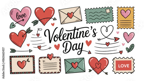 Valentine's Day Elements: A collection of charming Valentine's Day elements, including hearts, arrows, and envelopes, perfect for expressing love and affection.