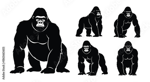 Silhouette depictions of gorillas in various poses and stances
