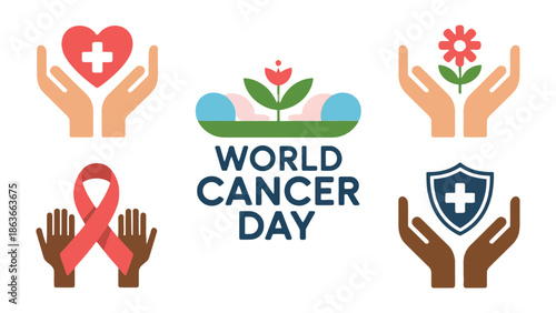 World Cancer Day: Symbol of Hope and Support: A collection of symbolic images representing the fight against cancer and the support for those affected. Focusing on love, resilience, and hope.