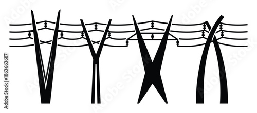 Silhouetted power lines towers and cables carrying high voltage electricity transmission in black and white illustration