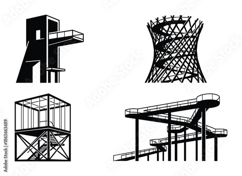 Silhouettes of black observation towers and structures, unique architectural design, and lookout points.