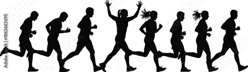 Running silhouettes, jogging people, fitness motion, athletic activity, group runners, marathon clipart, dynamic movement, sports training, healthy lifestyle, vector illustration, black figures