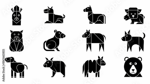 Set of Geometric abstract animals. Black animals on white background. Trendy mono line vector design