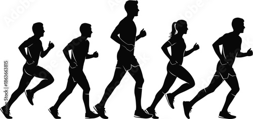 Running silhouettes, jogging sequence, athletic motion, fitness activity, male and female runners, dynamic stride, sports training, vector illustration, , 