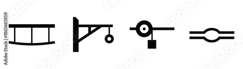 Simple black silhouettes of a curve, street lamp, pulley, and capsule on white background. Minimalist design.