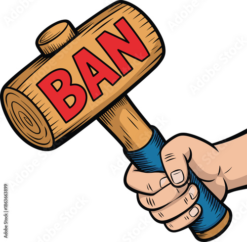 Hand holding wooden gavel with red ban text symbolizing prohibition censorship regulation law enforcement concept illustration isolated white background for government policy restriction authority