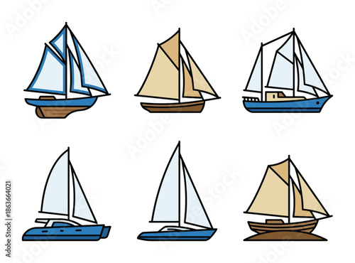 Six sailboat designs featuring different sail configurations and hull colors. Ideal for nautical and maritime themed projects.