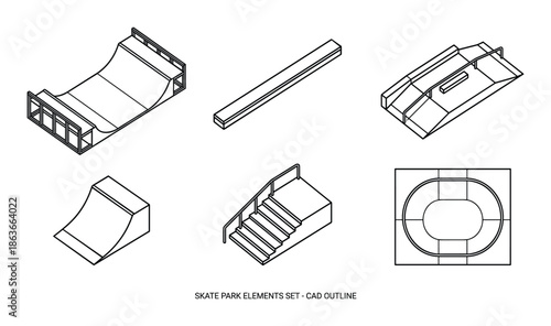 Skate park components CAD outline. Ramp, rail, stairs, pool and box isometric view. Technical blueprint drawing.