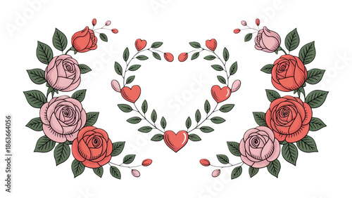 Floral Heart Design: A romantic floral arrangement, showcasing the tenderness of a heart entwined with vibrant roses and delicate leaves, it's a tender display of love and affection.
