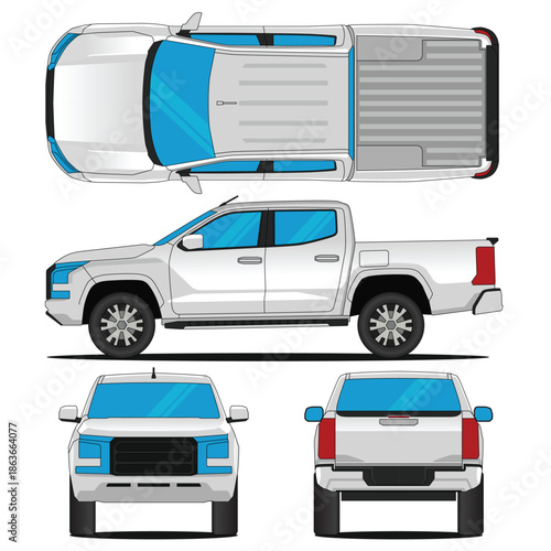 Pickup car vector. Triton car mockup vector, side, front, rear, and top views. Perfect for branding, print design, and template design