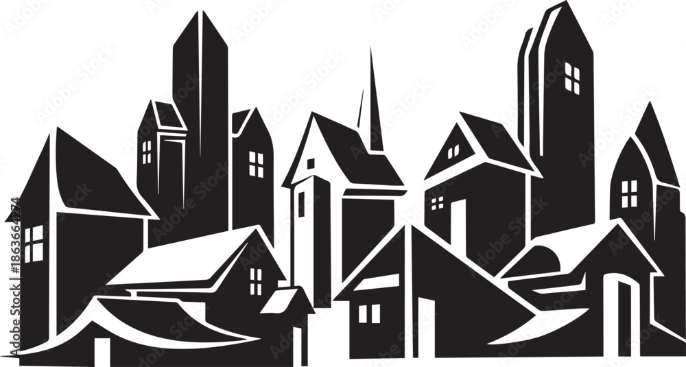 Fototapeta premium Black and white cityscape illustration with various buildings