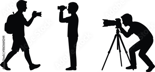 Set of three black silhouettes showing men photographers walking with backpack, looking through binoculars, and taking photos with tripod camera, isolated vector illustration.